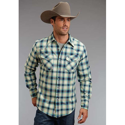 Stetson Mens Original Rugged Rugged Twill Check Long Sleeve Snap Shirt - Blue