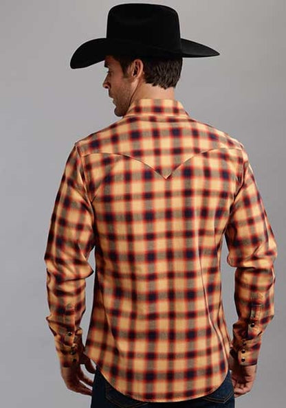 Stetson Mens Original Rugged Rugged Twill Check Long Sleeve Snap Shirt - Orange