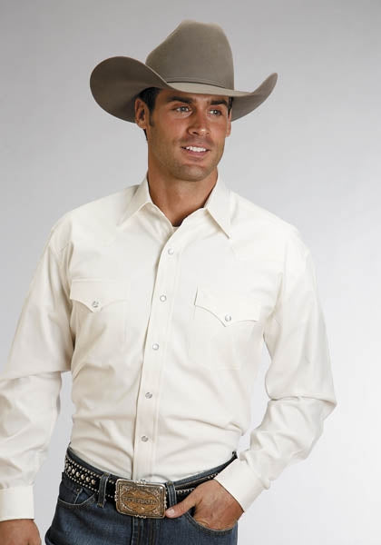Stetson Mens Solid Pinpoint Oxford Long Sleeve Snap Shirt - Cream