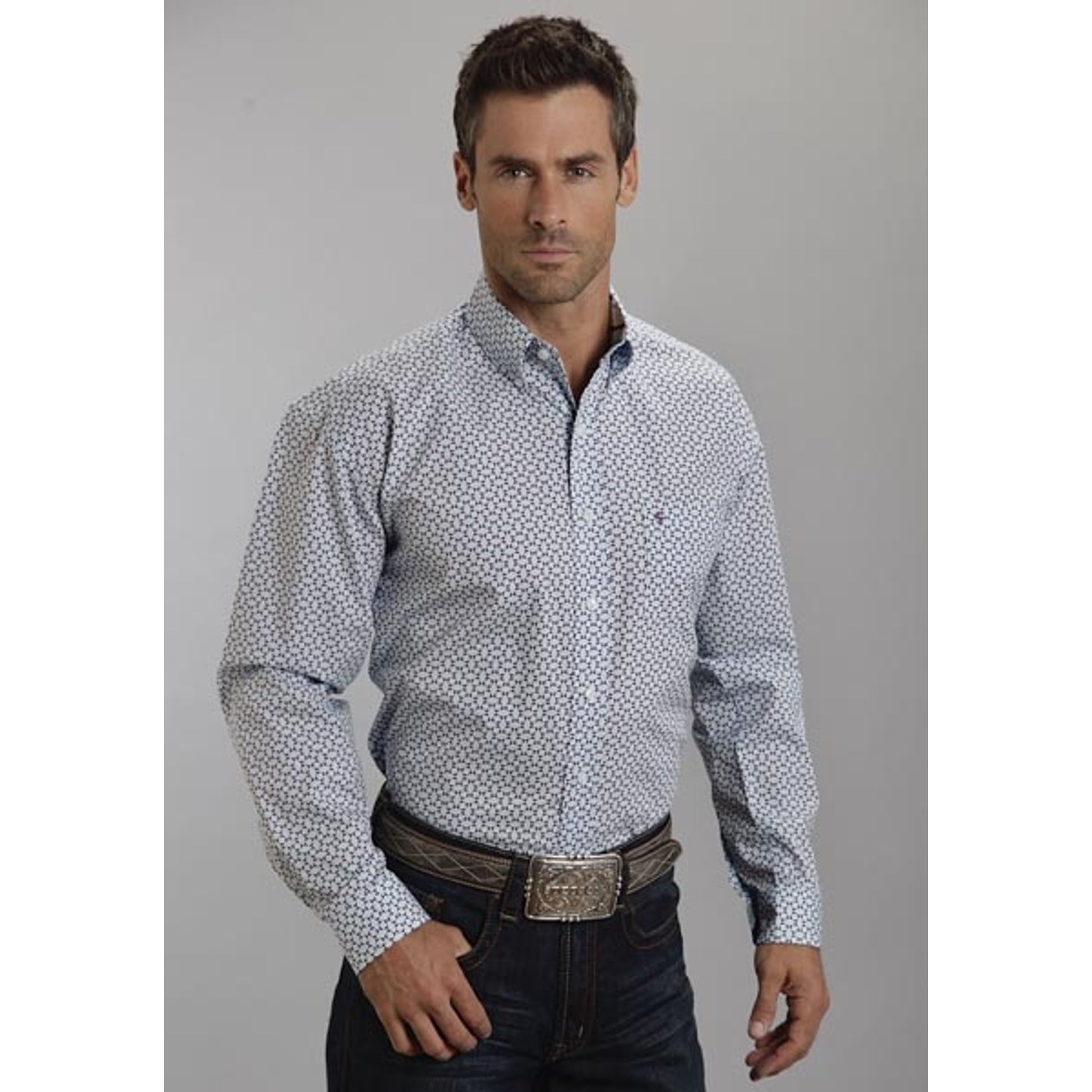 Stetson Mens Summer II Squares Diamonds Poplin Long Sleeve Button Shirt