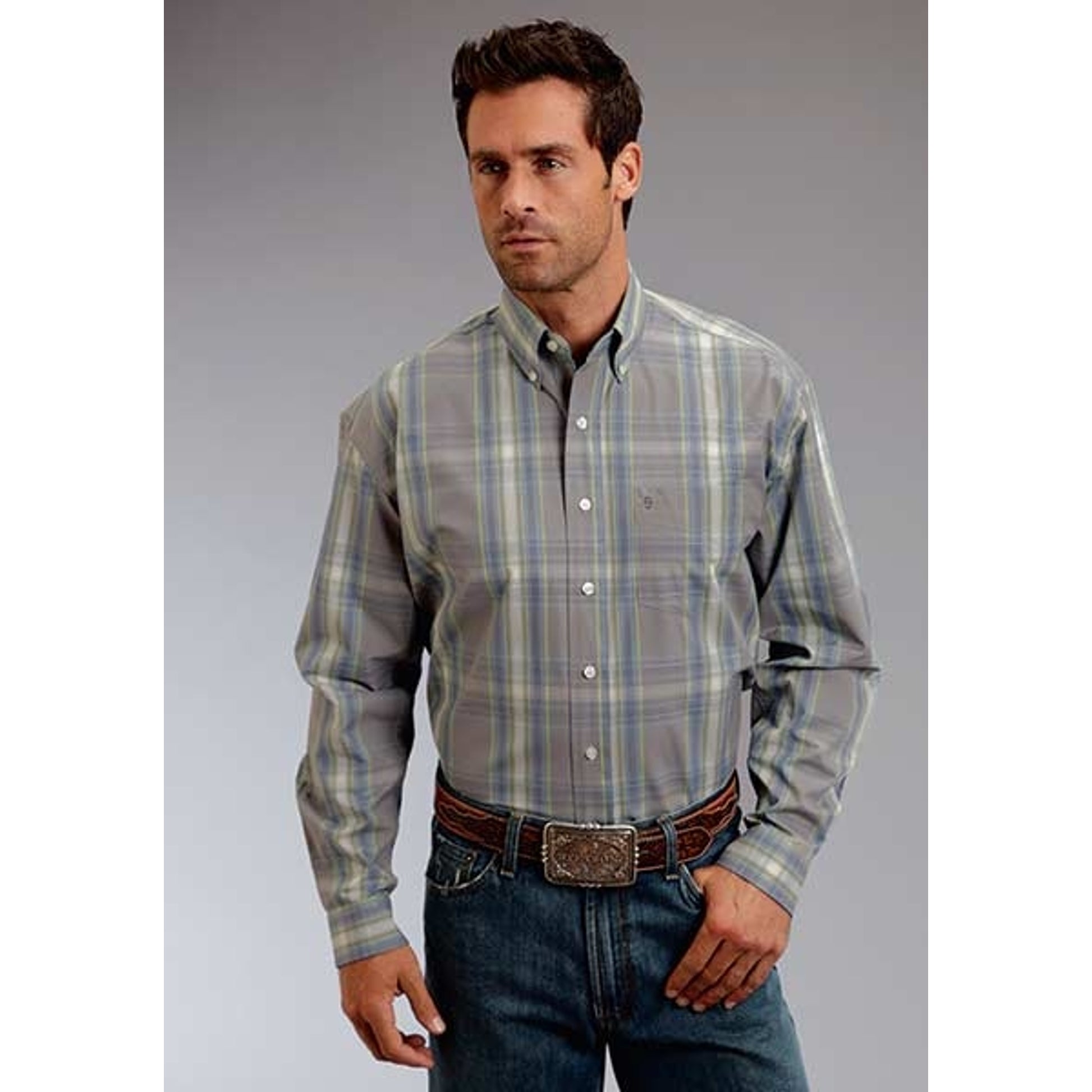 Stetson Mens Summer III Mineral Plaid Long Sleeve Button Shirt