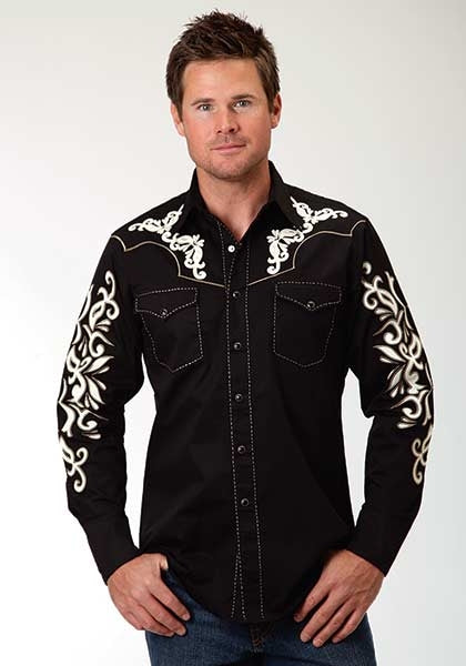 Roper Old West Mens Crme Applique Patch Pocket Long Sleeve Snap Shirt