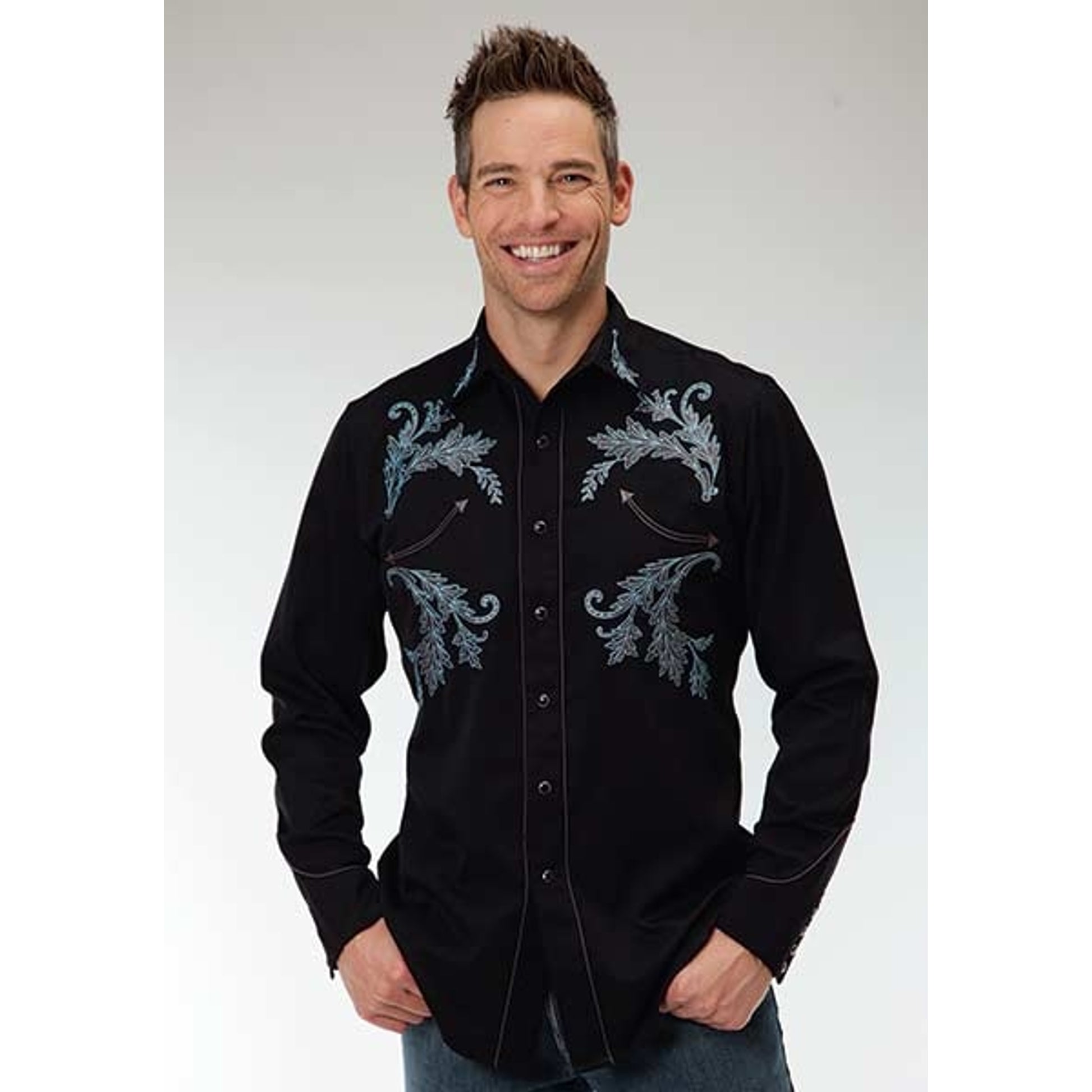 Roper Old West Mens Curved Leaf Embroidery Long Sleeve Snap Shirt