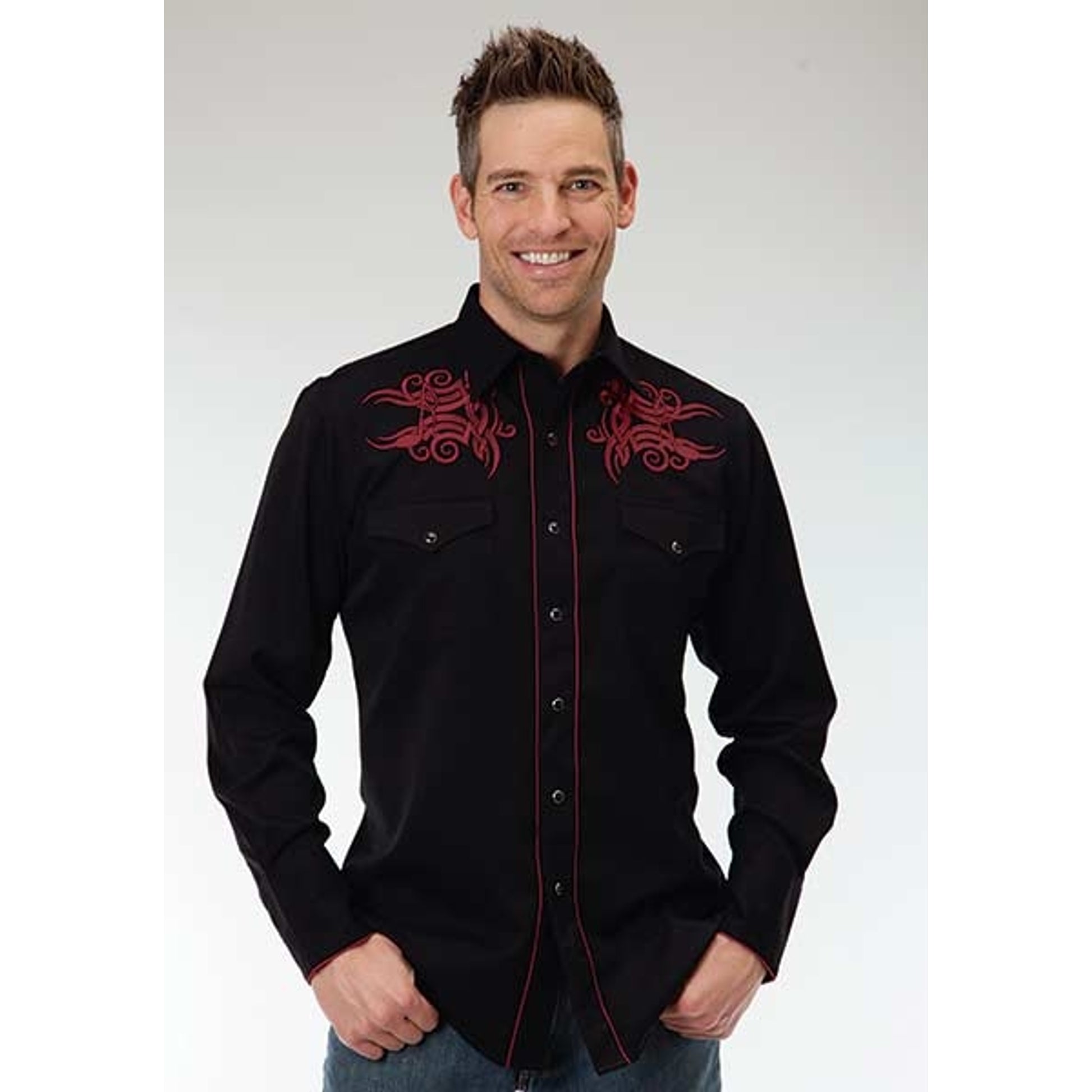 Roper Old West Mens Guitar Note Embroidery Long Sleeve Snap Shirt