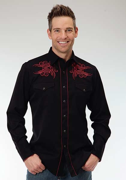 Roper Old West Mens Guitar Note Embroidery Long Sleeve Snap Shirt
