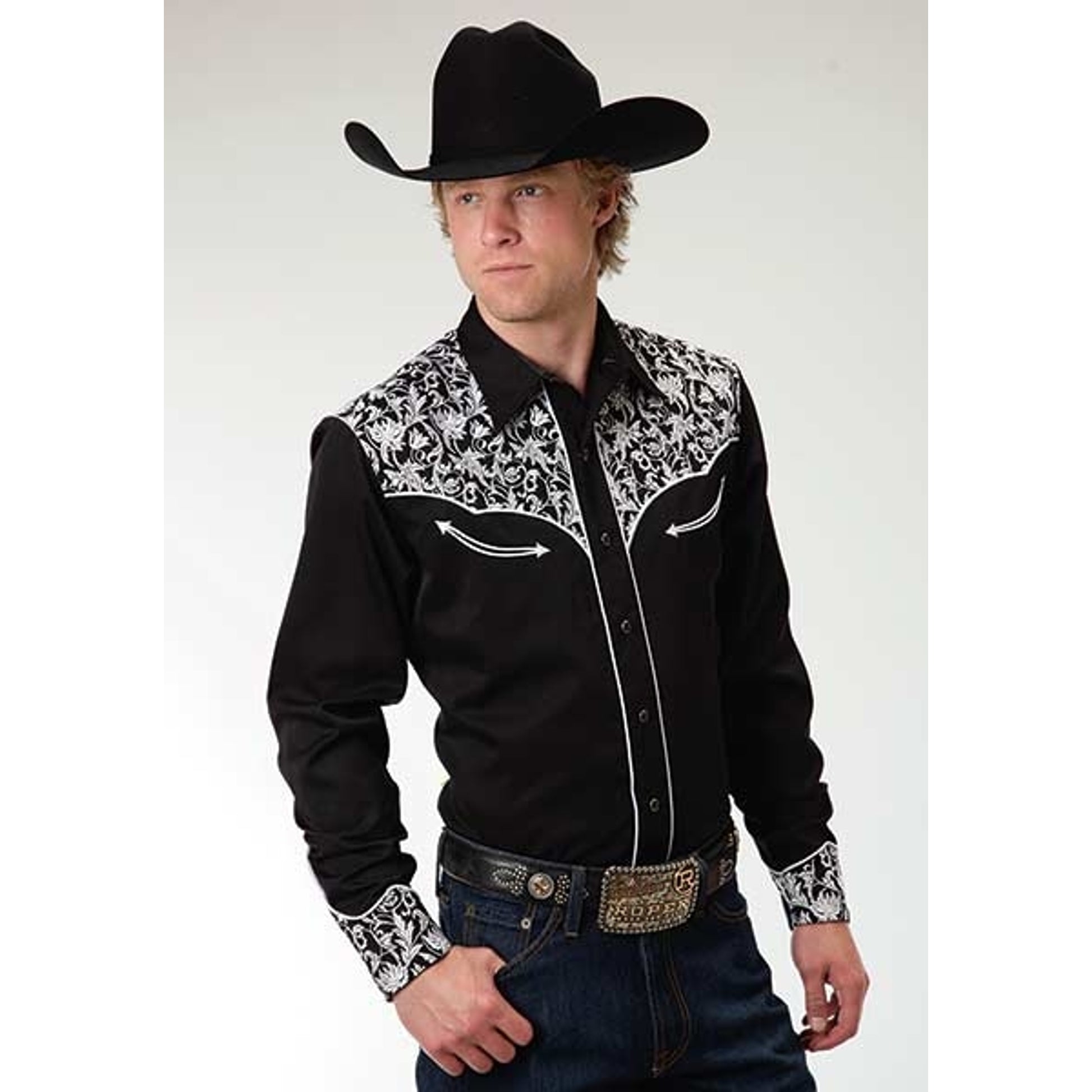 Roper Old West Mens Modern Leaf Embroidery Long Sleeve Snap Shirt