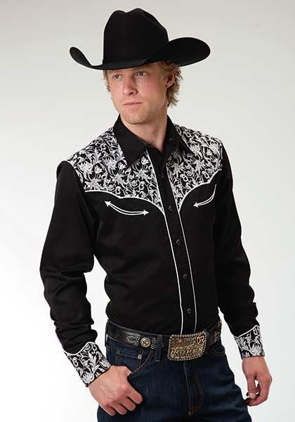 Roper Old West Mens Modern Leaf Embroidery Long Sleeve Snap Shirt