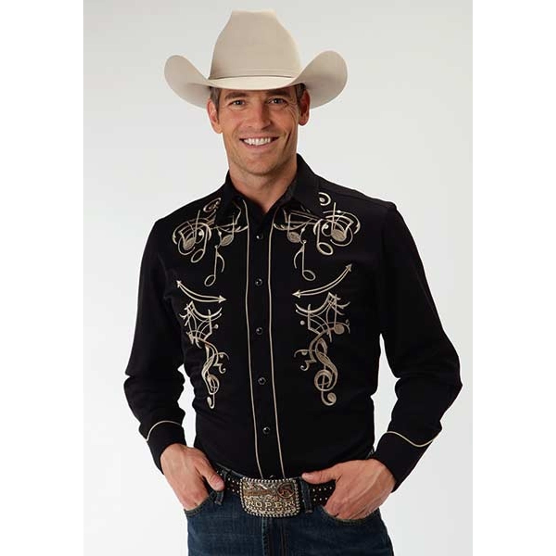Roper Old West Mens Music Note Snap Front Long Sleeve Shirt