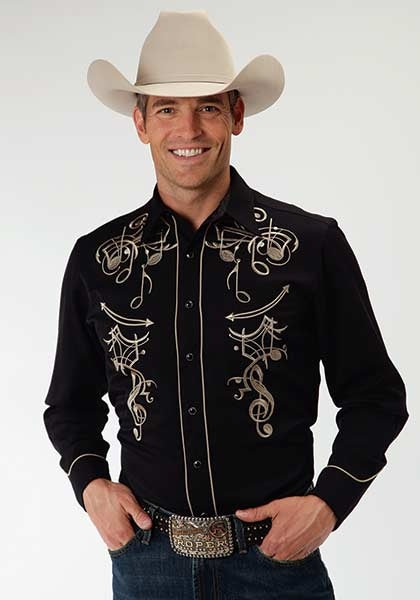 Roper Old West Mens Music Note Snap Front Long Sleeve Shirt