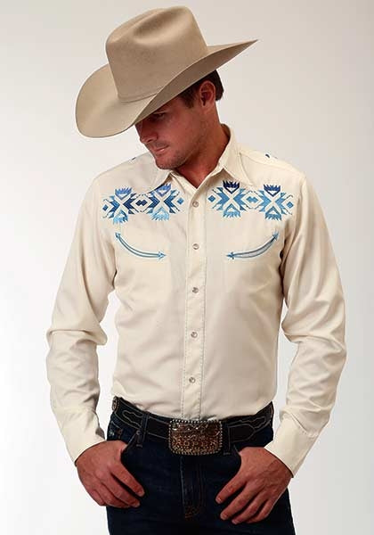 Roper Old West Mens Ombre Aztec Embroidered Long Sleeve Snap Shirt