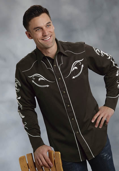 Roper Old West Mens Ornate Scroll Embroidery Twill Long Sleeve Snap Shirt