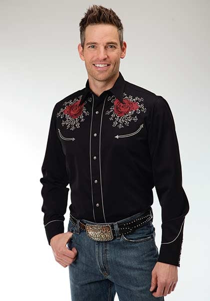 Roper Old West Mens Rose & Skull Embroidery Long Sleeve Snap Shirt