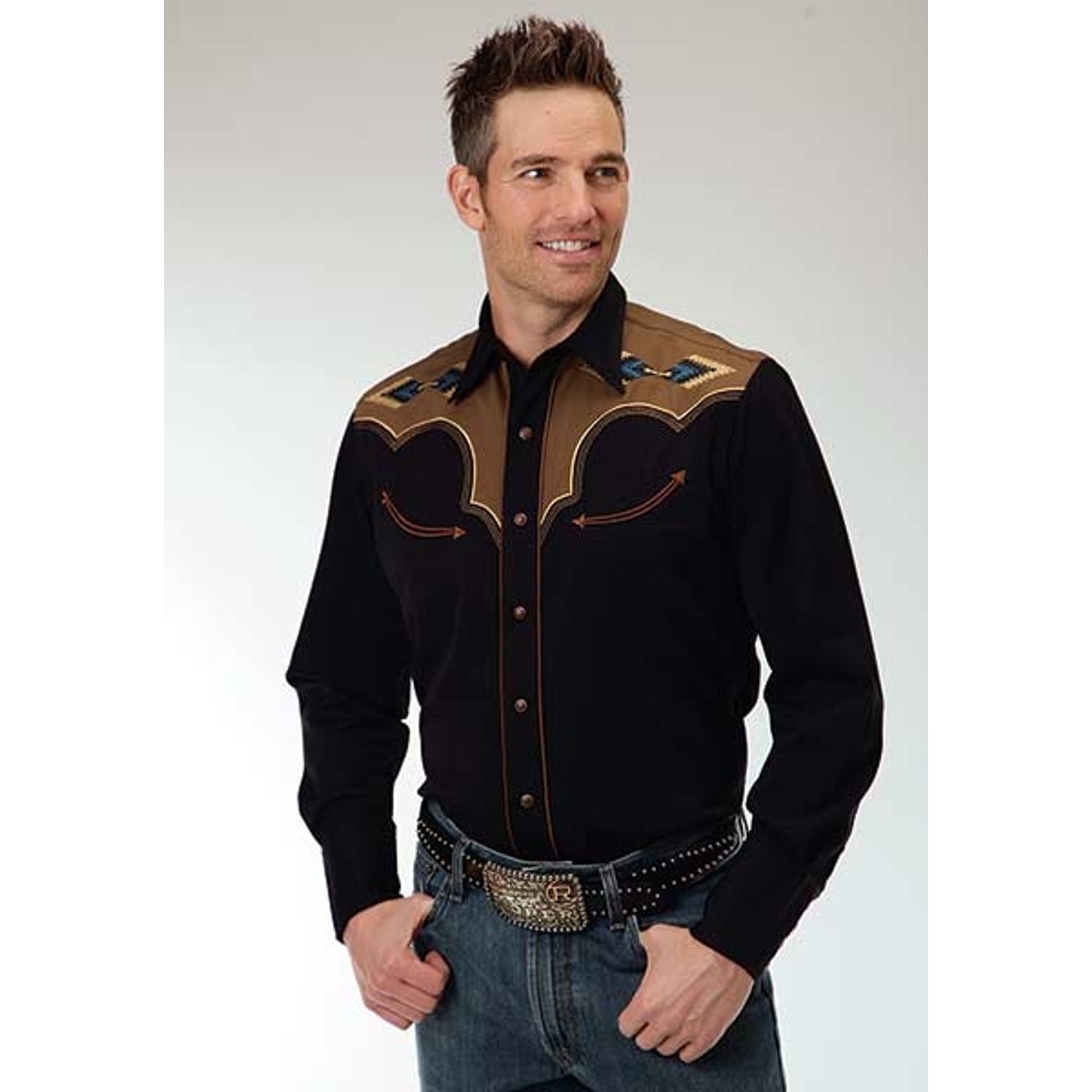 Roper Old West Mens Two Tone Aztec Embroidery Long Sleeve Snap Shirt