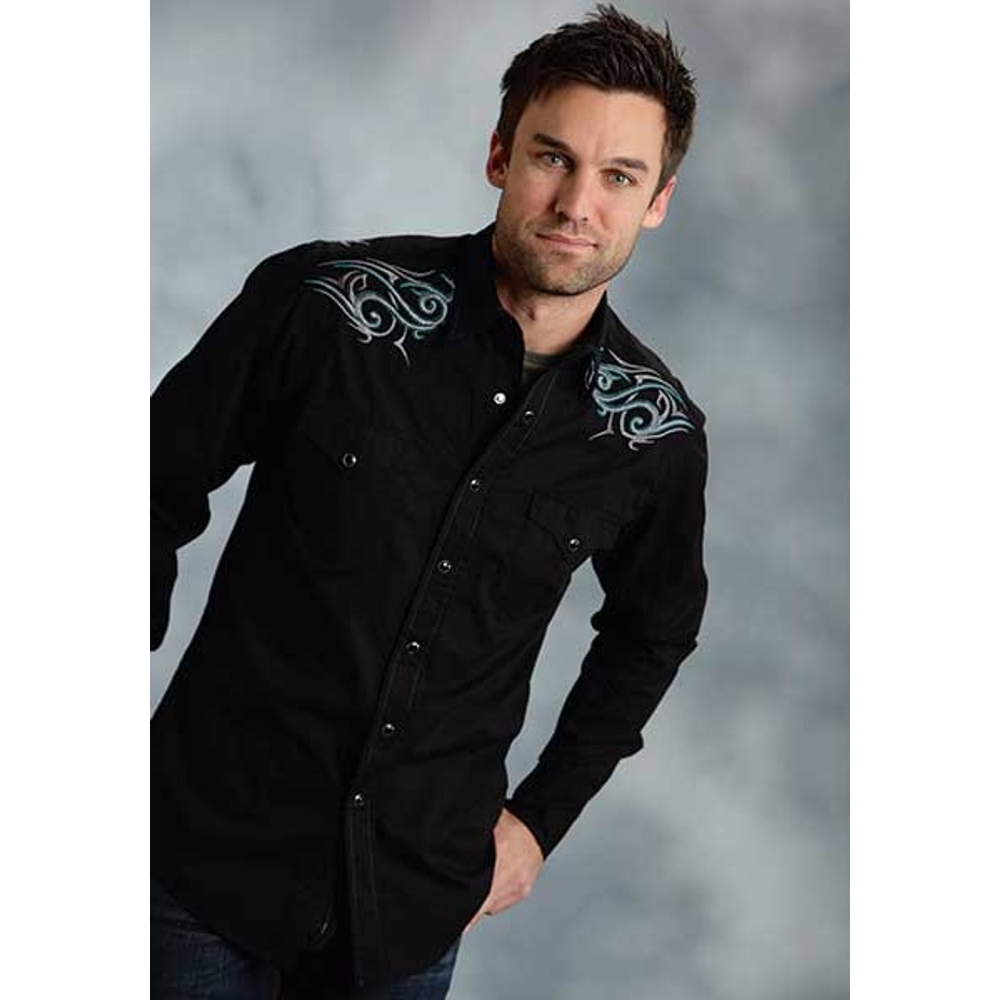 Roper Perform Fall I Mens Poplin Contrast Stitch Long Sleeve Snap Shirt - Black