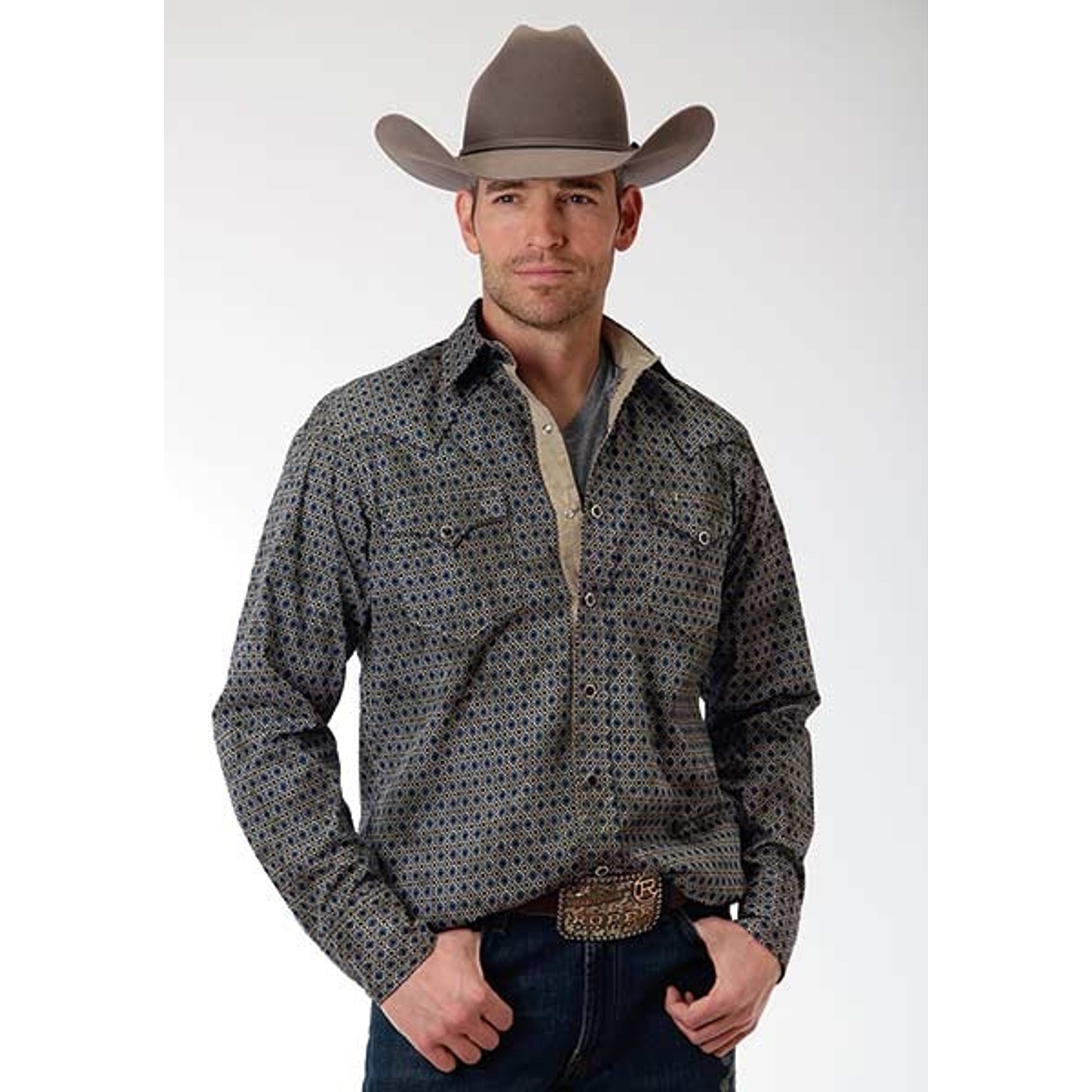 Roper Performance Mens Aztec Geo Long Sleeve Pearl Snap Shirt