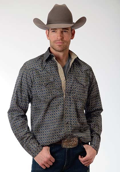 Roper Performance Mens Aztec Geo Long Sleeve Pearl Snap Shirt