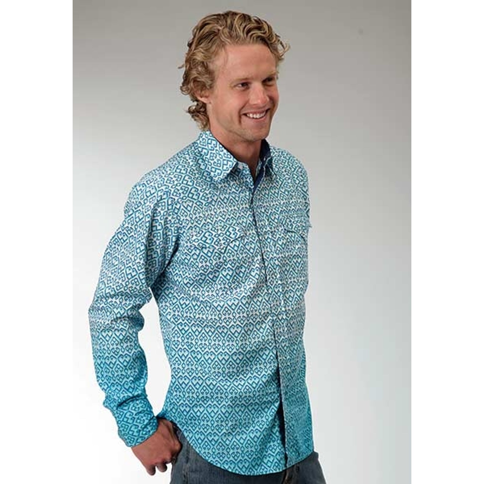 Roper Performance Mens Mini Ikat Print Long Sleeve Pewter Ring Snap Shirt