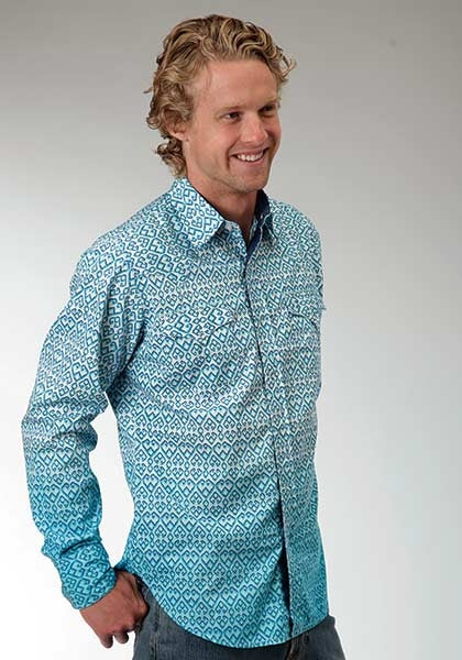 Roper Performance Mens Mini Ikat Print Long Sleeve Pewter Ring Snap Shirt