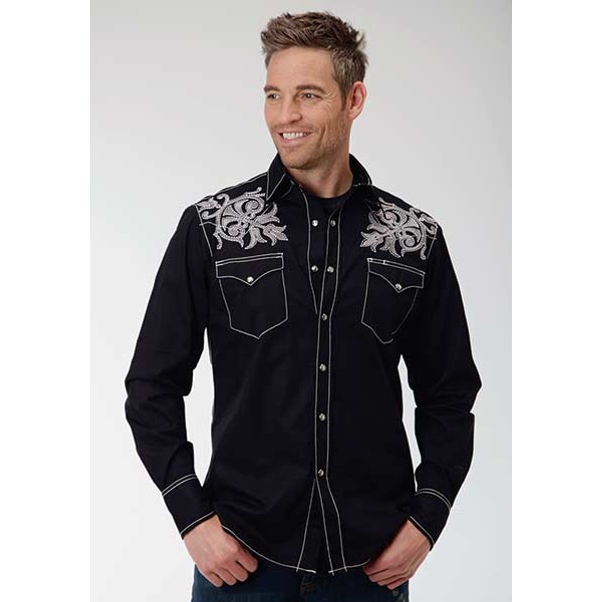 Roper Performance Mens Poplin Embroidery Long Sleeve Pearl Snap Shirt - Black