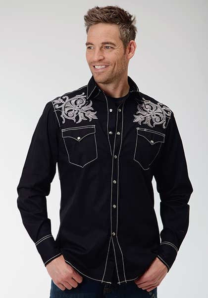 Roper Performance Mens Yarn Dyed Poplin Long Sleeve Pearl Snap Shirt - Black