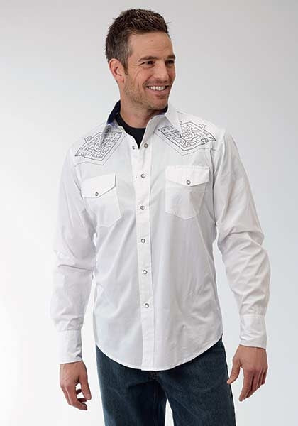 Roper Performance Mens Solid Poplin Diamond Design Long Sleeve Snap Shirt