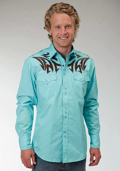 Roper Performance Mens Solid Poplin Embroidery Long Sleeve Snap Shirt - Aqua