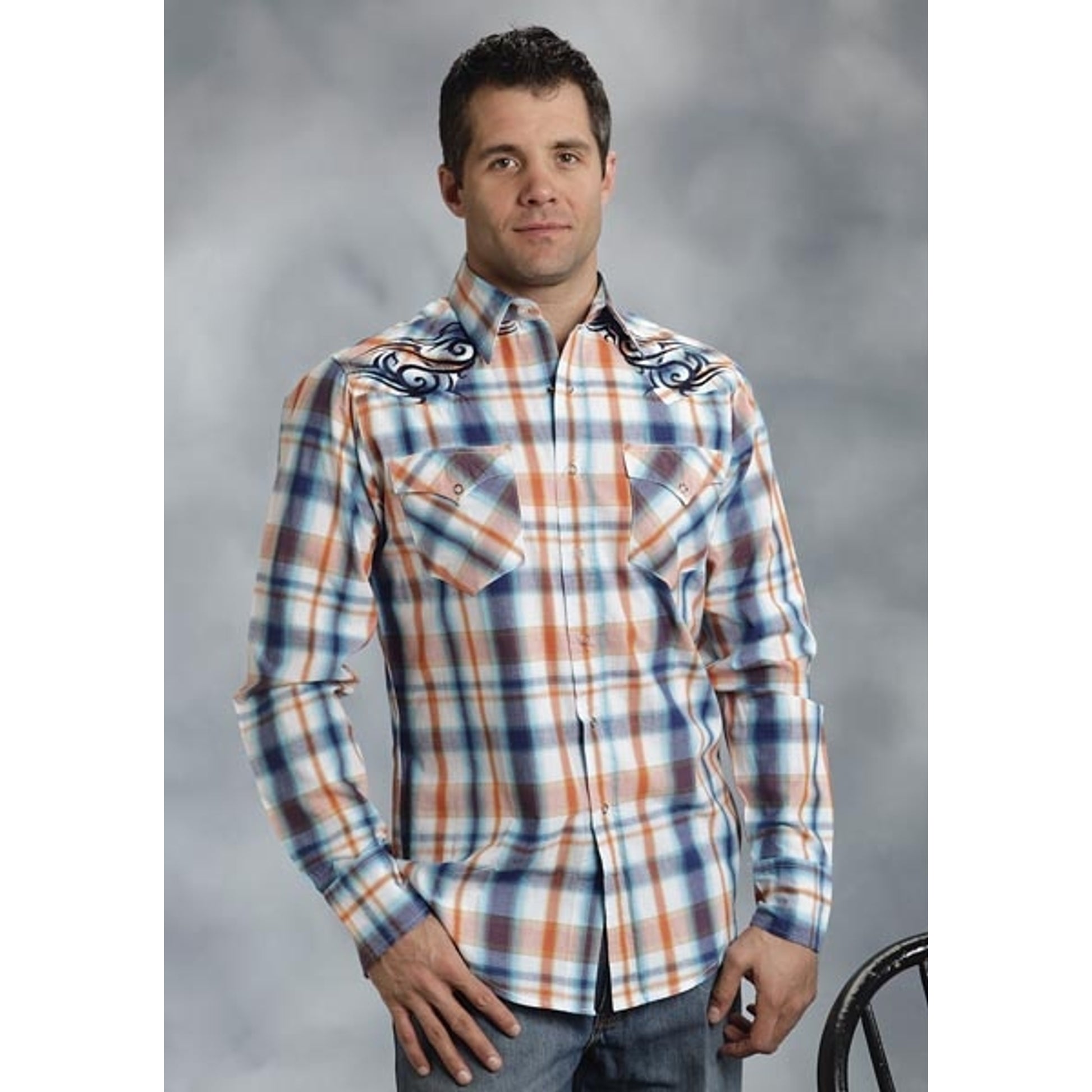 Roper Performance Mens Sporty Plaid Long Sleeve Western Snap Shirt