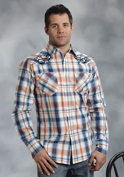 Roper Performance Mens Sporty Plaid Long Sleeve Western Snap Shirt