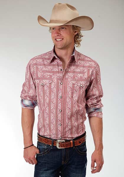 Roper Performance Mens Vintage Striped Floral Long Sleeve Diamond Shape Shirt