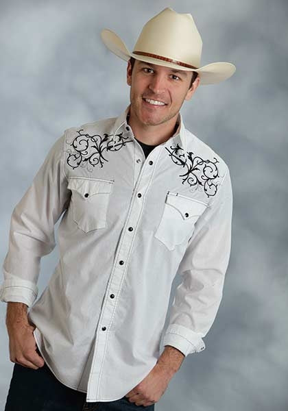 Roper Performance Spring I Mens Solid Poplin Long Sleeve Snap Shirt - White