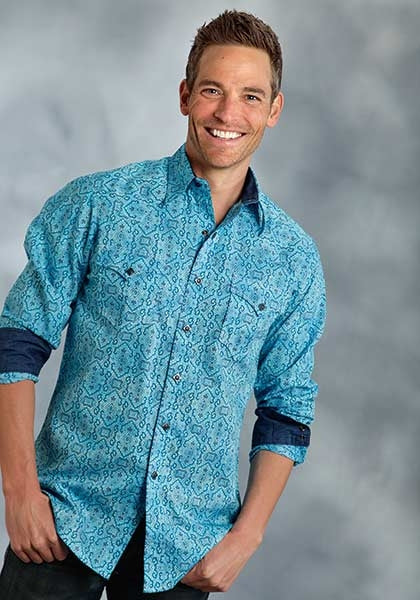 Roper Performance Spring I Mens Stamper Print Long Sleeve Western Snap Shirt