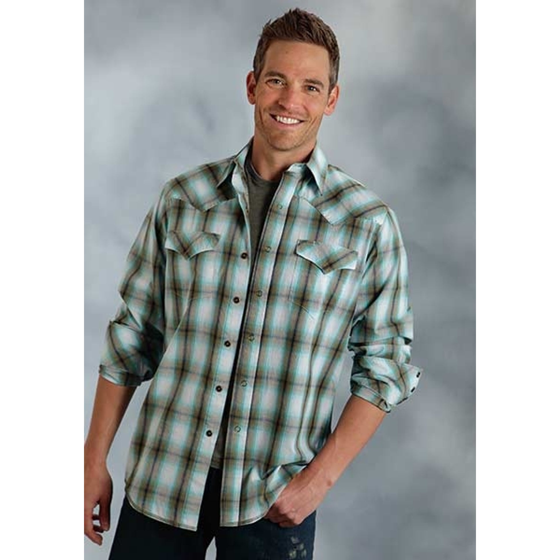 Roper Performance Spring Ii Mens Plaid Long Sleeve Western Pearl Snap Shirt