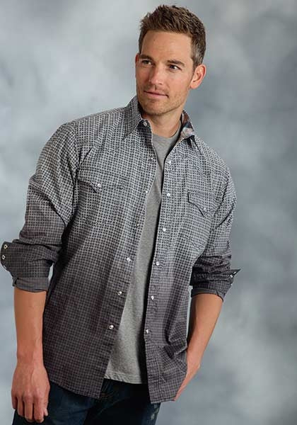 Roper Performance Spring Iv Mens Micro Geo Print Long Sleeve Pearl Snap Shirt