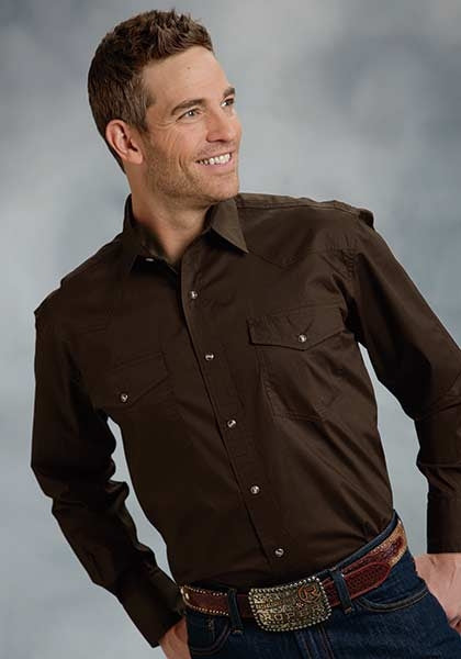 Roper Mens Tall Amarillo Solid Poplin Long Sleeve Variegated Snap Shirt - Brown