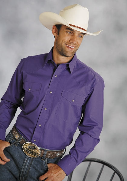 Roper Mens Tall Amarillo Solid Poplin Long Sleeve Variegated Snap Shirt - Purple