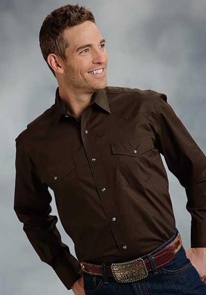 Roper Mens Poplin One Point Yoke Long Sleeve Variegated Snap Shirt - Brown
