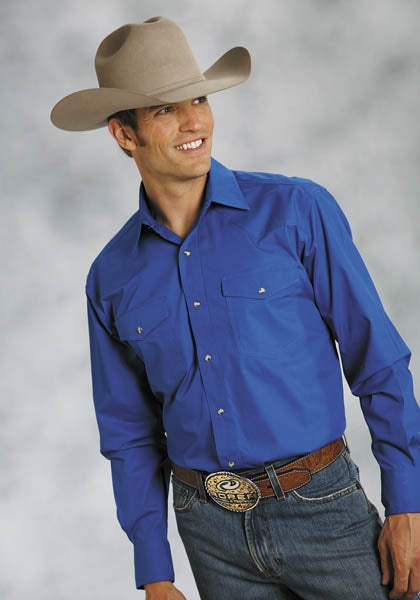 Roper Mens Poplin One Point Yoke Long Sleeve Variegated Snap Shirt - Royal