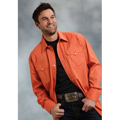 Roper Mens Poplin Two Pocket Long Sleeve Snap Shirt - Orange