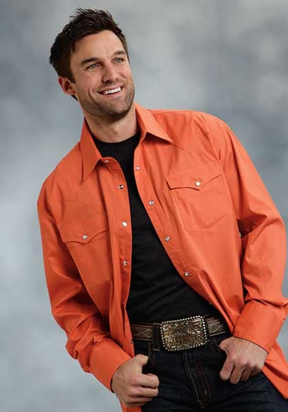 Roper Mens Poplin Two Pocket Long Sleeve Snap Shirt - Orange