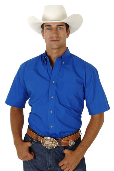 Roper Mens Poplin One Pocket Short Sleeve Variegated Button Shirt - Royal