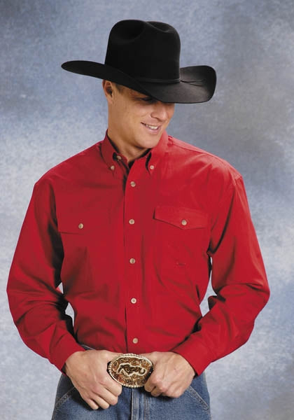 Roper Mens Poplin Western Long Sleeve Variegated Button Shirt - Red