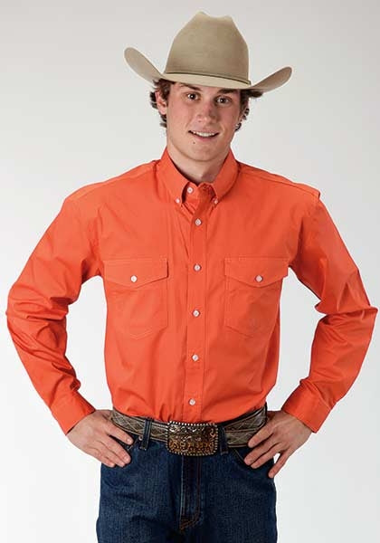 Roper Mens Solid Poplin Long Sleeve Button Shirt - Orange