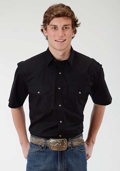 Roper Mens Solid Poplin Short Sleeve Variegeted Snap Shirt - Black