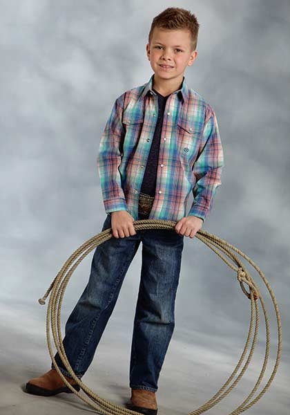 Roper Boys Azure Mist Plaid Long Sleeve Snap Shirt