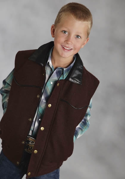 Roper Boys Faux Leather Accent Wool Vest - Brown