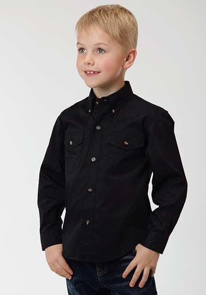 Roper Boys Solid Poplin Long Sleeve Button Shirt - Black