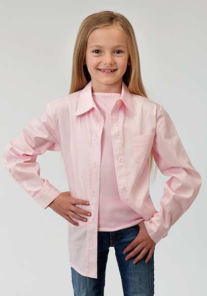 Roper Girls Poplin Long Sleeve Variegated Button Shirt - Pink