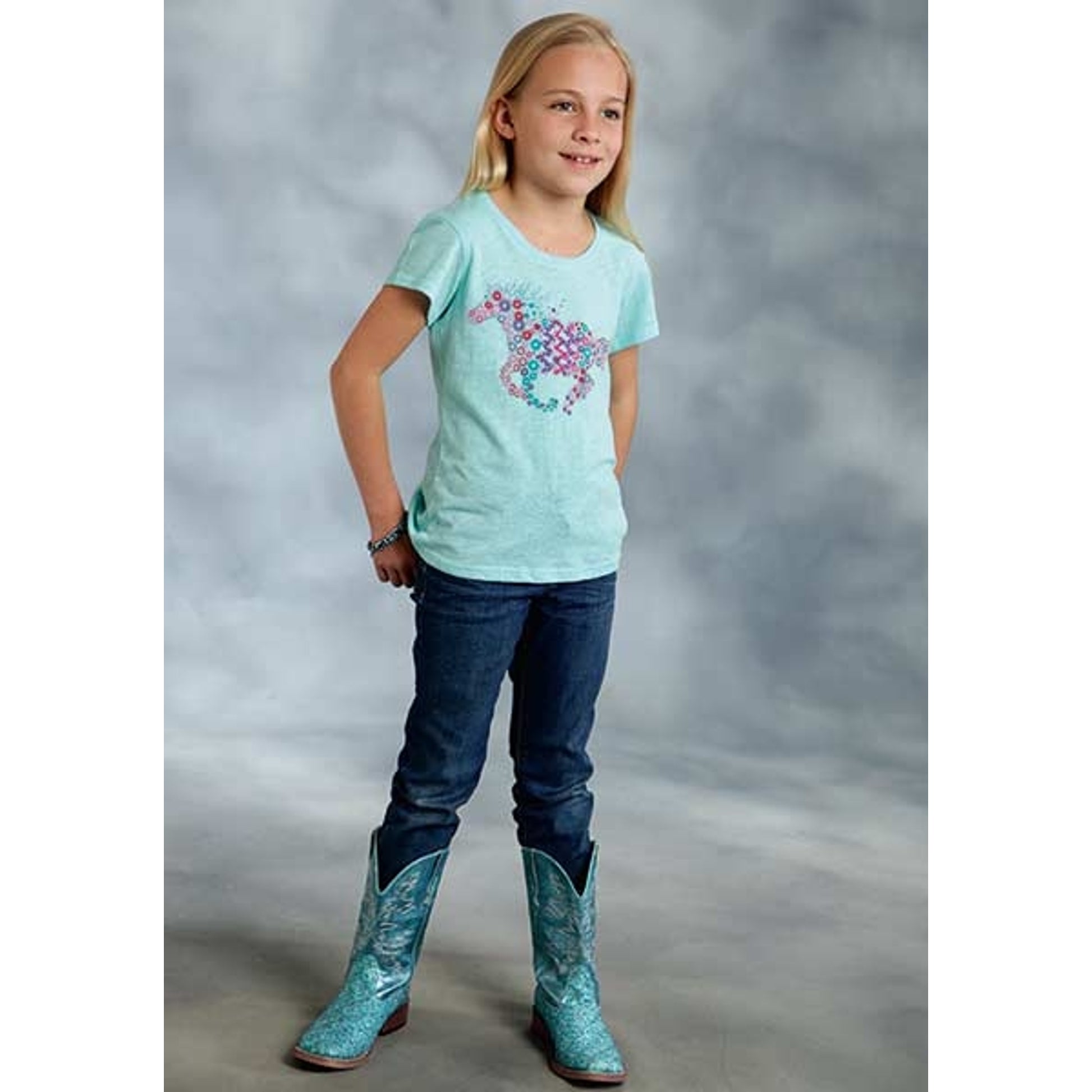 Roper Girls Whimsical Floral Horse Print T-Shirt
