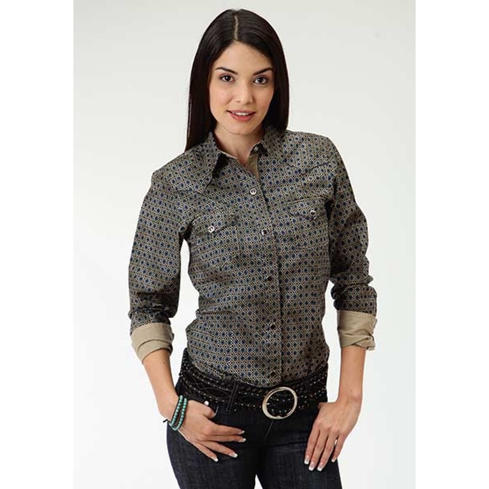 Roper Ladies Aztec Geo Western Long Sleeve Snap Shirt