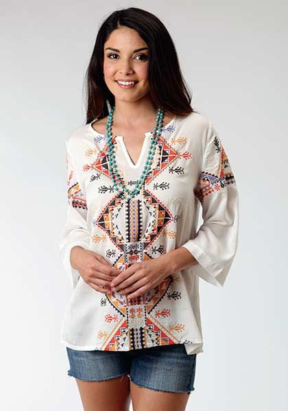 Roper Ladies Bold Aztec Embroidered Peasant Blouse